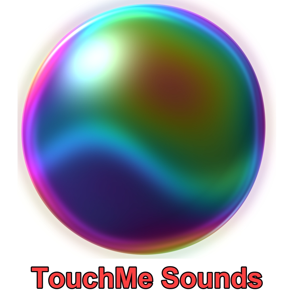 Detailed rainbow bubble artwork on a transparent background, with TouchMe Sounds in red below